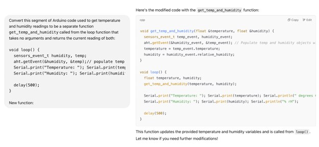 An example of ChatGPT rewriting portions of code as functions. An example of ChatGPT rewriting portions of code as functions.