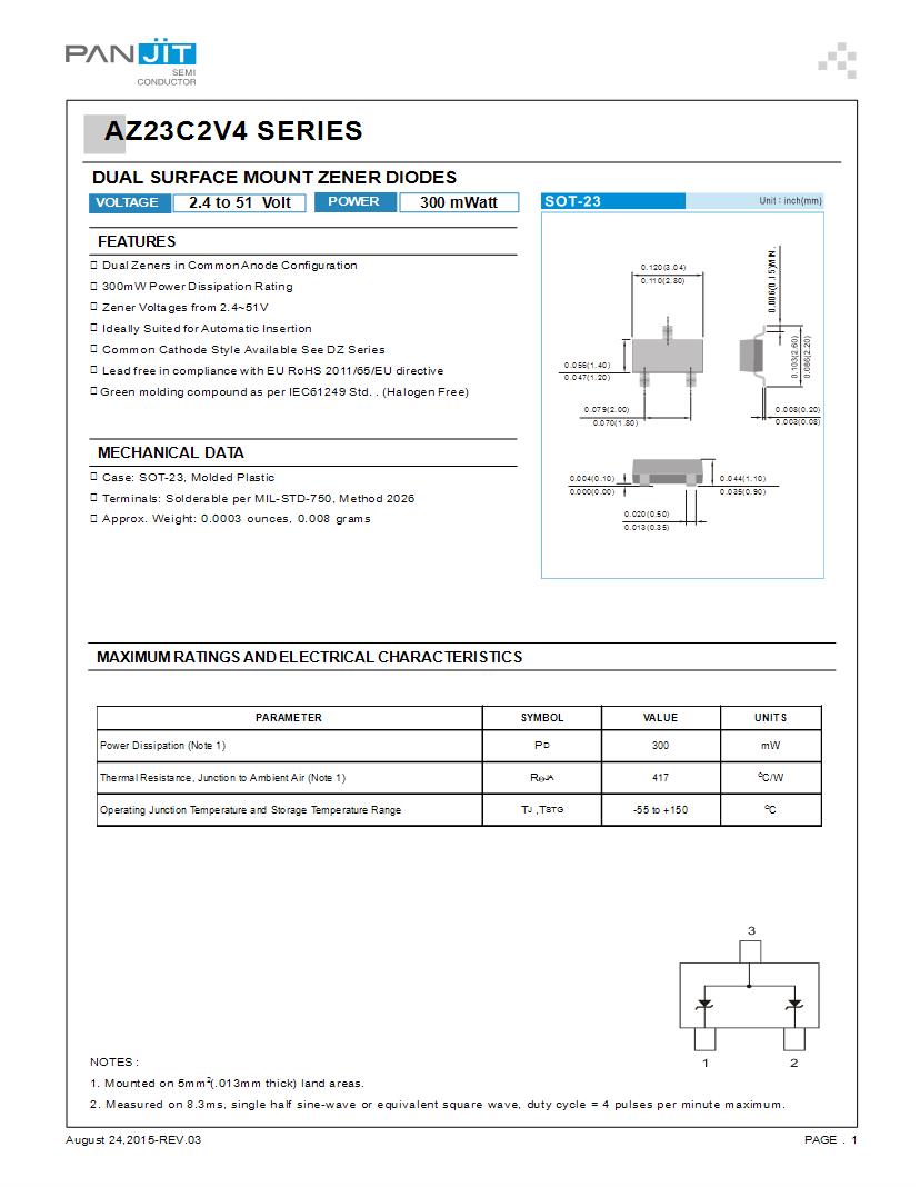 AZ23C Series Dual Common Anode SMD/SMT SOT-23 Zener Diodes, 60% OFF