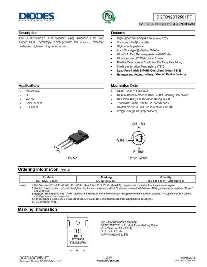 Diodes Incorporated IGBTs Datasheets – Mouser