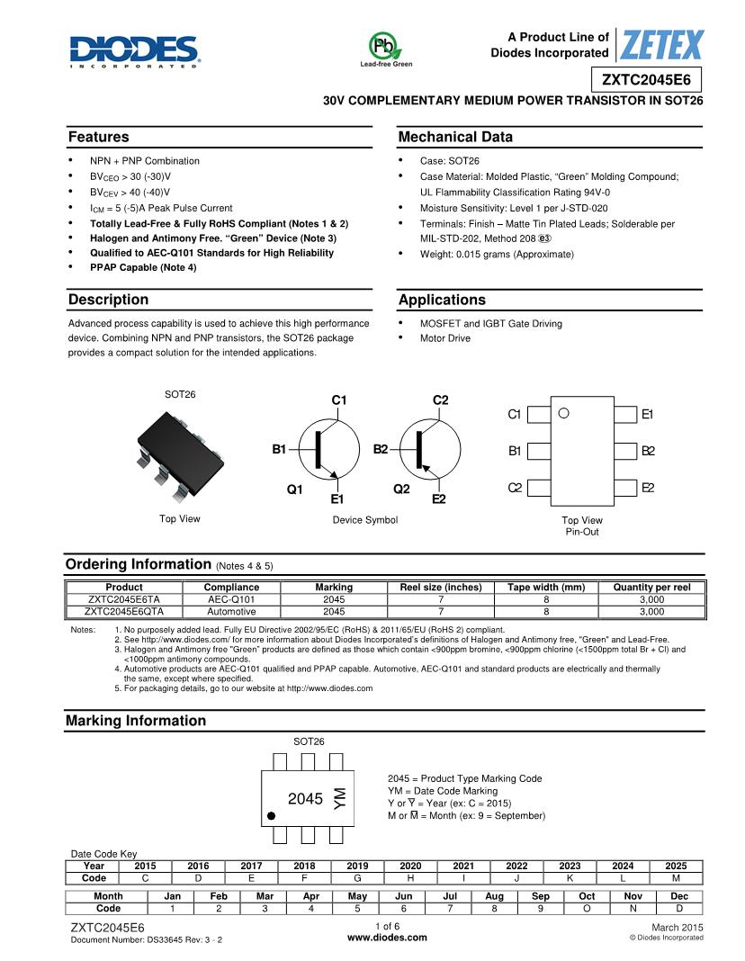 Diodes Incorporated ZXTC2045 Series Bipolar Transistors BJT