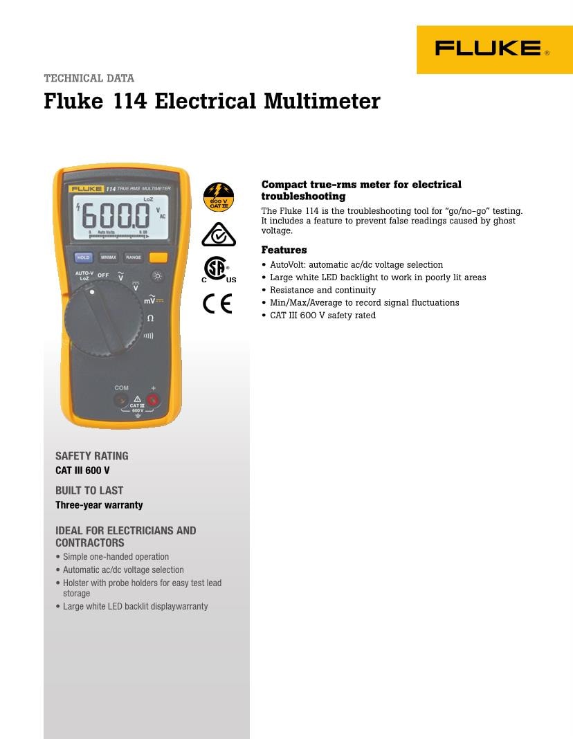 Fluke 114 True-RMS Electrical Multimeter CAT III 600 V