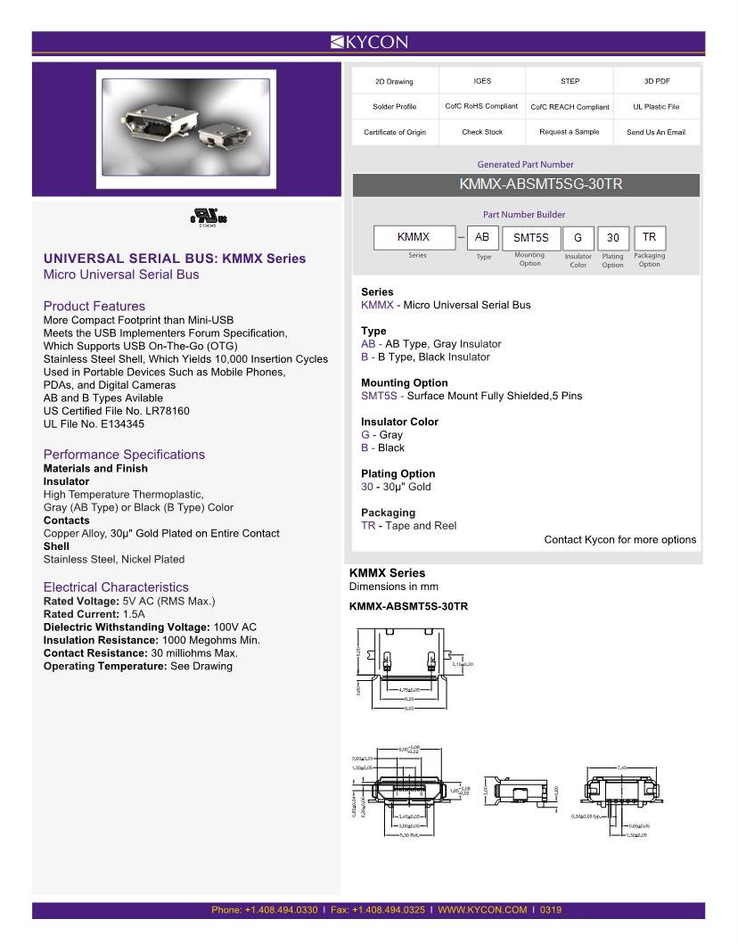 Kycon USB Connectors Datasheets Mouser