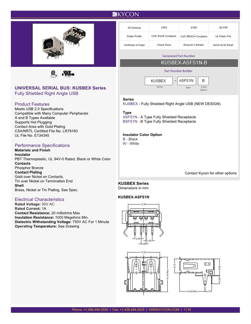 Kycon USB Connectors Datasheets Mouser