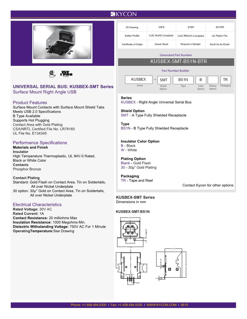 Kycon USB Connectors Datasheets Mouser