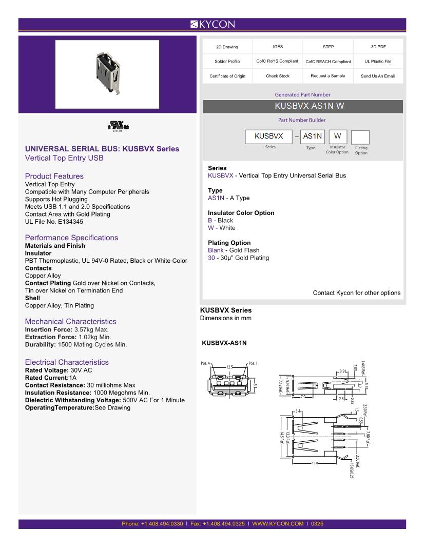 Kycon USB Connectors Datasheets Mouser