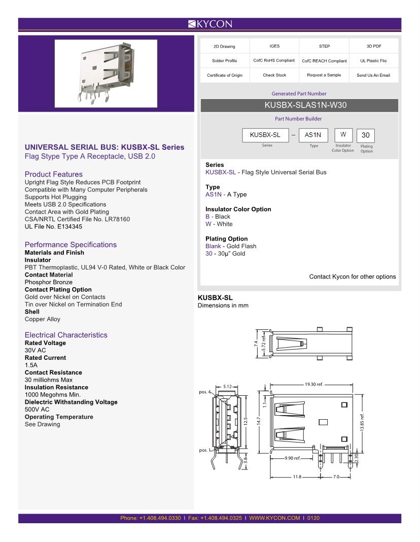 Kycon USB Connectors Datasheets Mouser