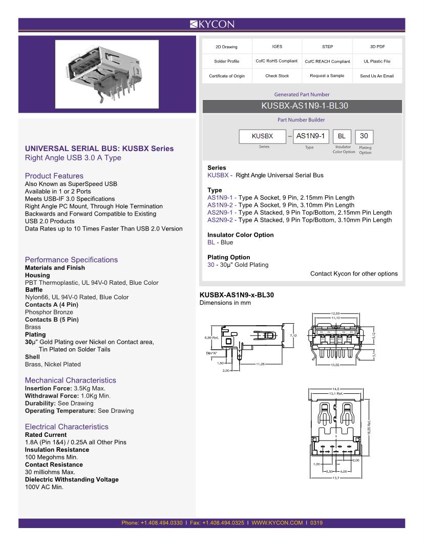 Kycon USB Connectors Datasheets Mouser