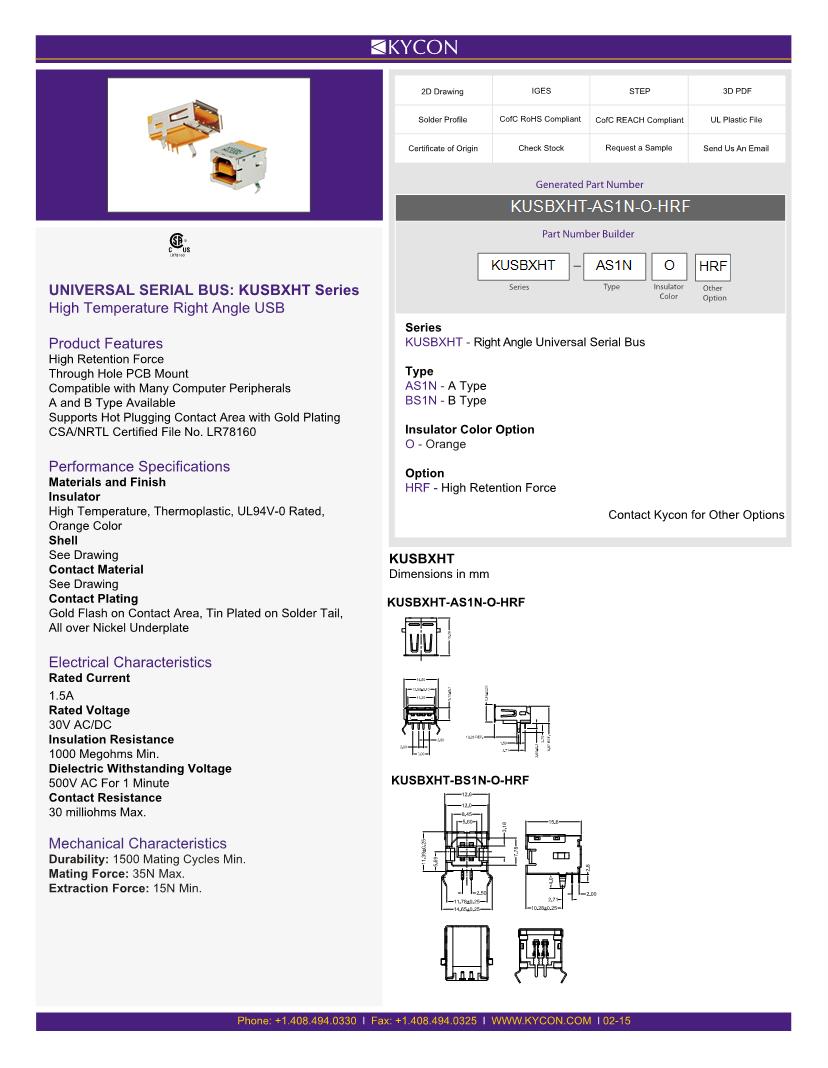 Kycon USB Connectors Datasheets Mouser