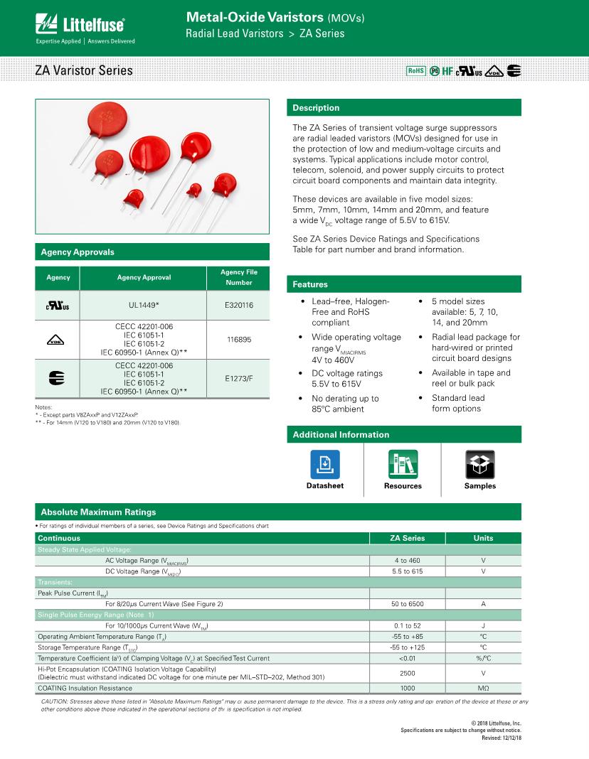 Search results for V68ZA10 Littelfuse Varistors Datasheets Mouser