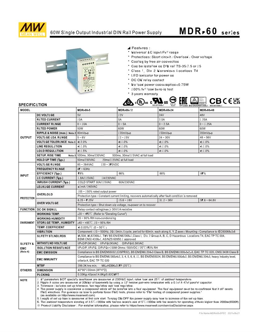 Search results for: MDR6024 DIN Rail Power Supplies Datasheets