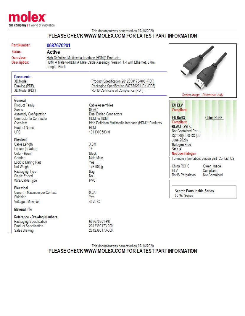 HDMI Cables Datasheets Mouser