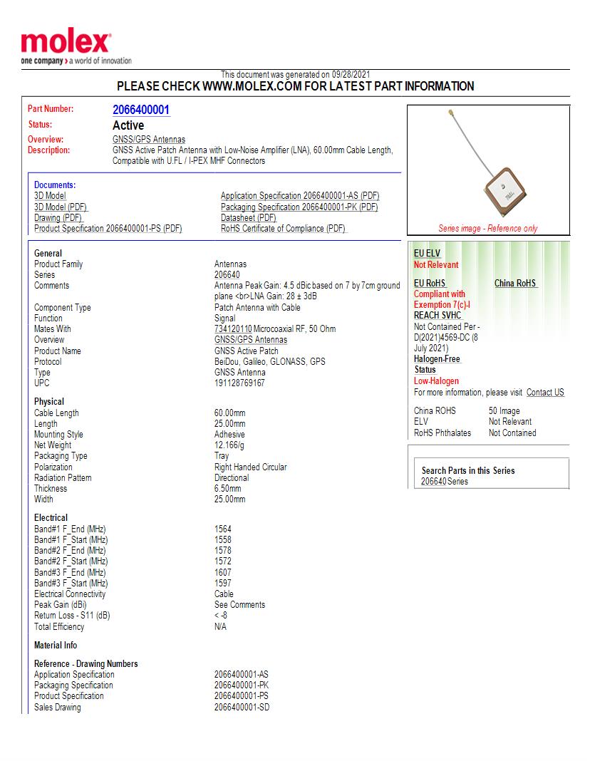 Patch GPS Antennas GNSS, GLONASS, Galileo, Beidou Antennas Datasheets
