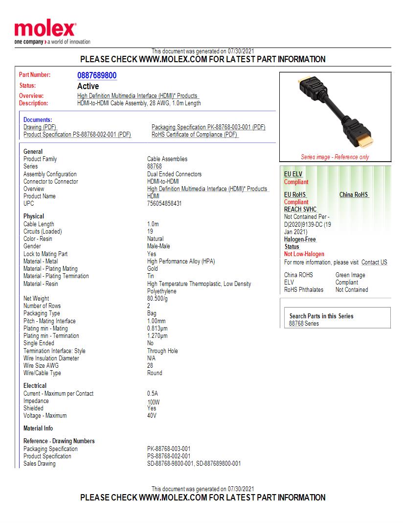 HDMI Cables Datasheets Mouser