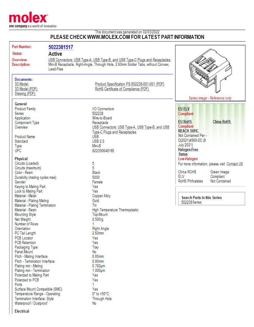 Mini USB Type B Connectors USB Connectors Datasheets Mouser