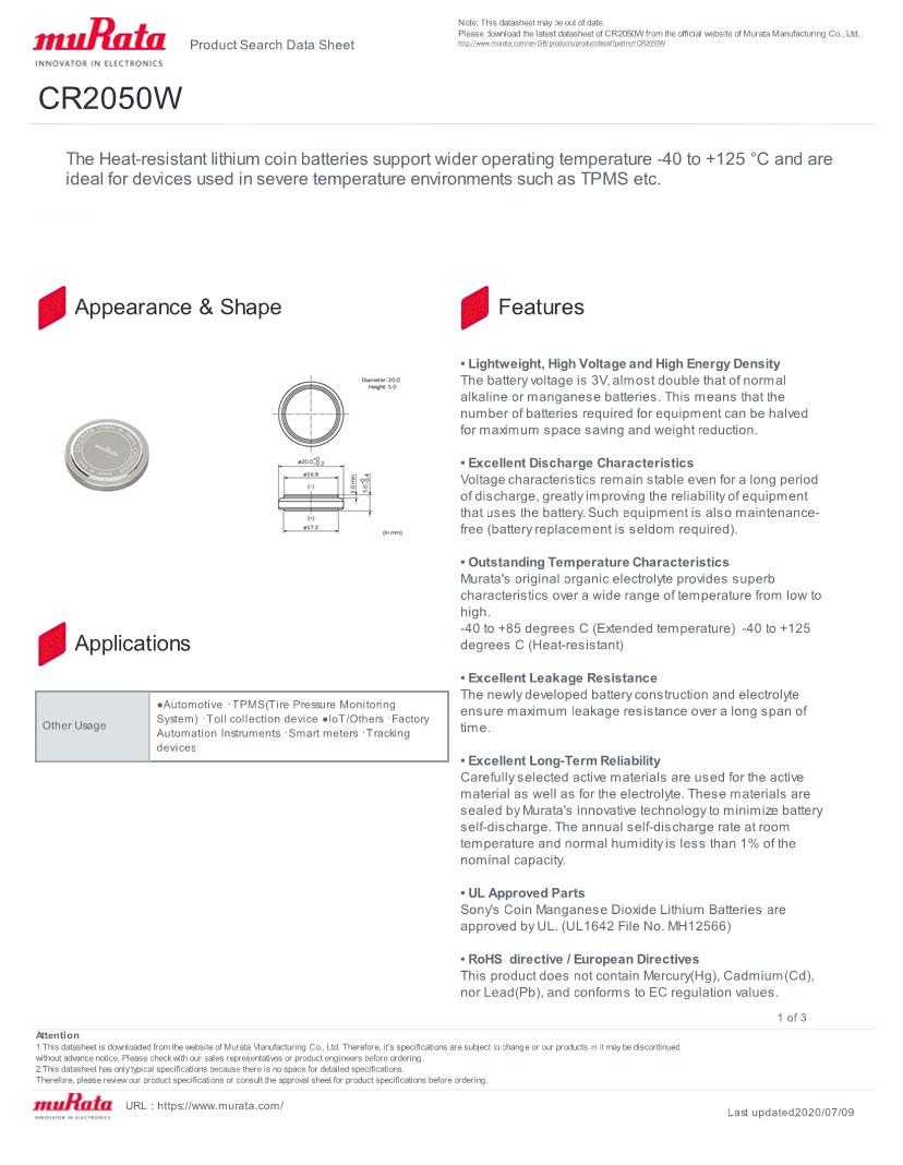 Murata Coin Cell Battery Datasheets Mouser