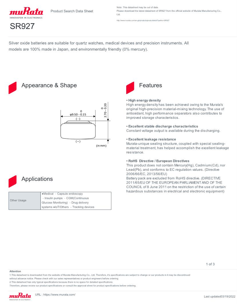 Murata Coin Cell Battery Datasheets Mouser