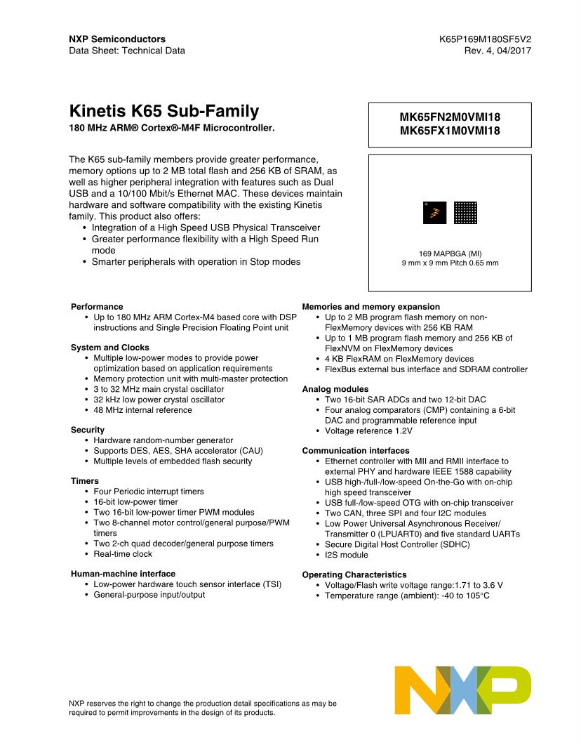 Nxp Arm Cortex M4 Core 2 Mb 16 Bit 180 Mhz Arm Microcontrollers Mcu Datasheets Mouser