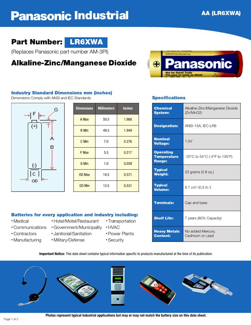 Panasonic Batteries Datasheets – Mouser