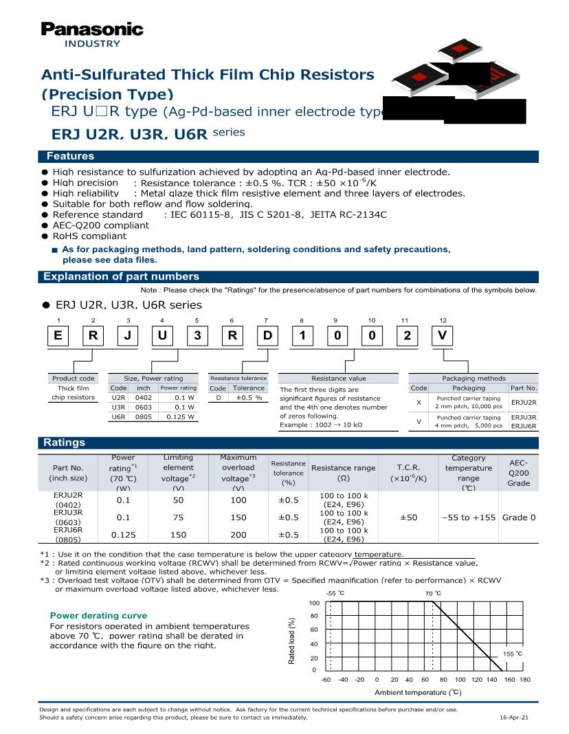 Panasonic 0603 Anti Sulfur Resistor 0 5 50ppm Series Thick Film Resistors Smd Datasheets Mouser