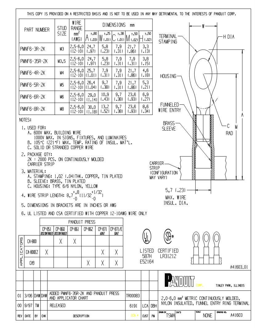 Panduit Ring Terminal Chart