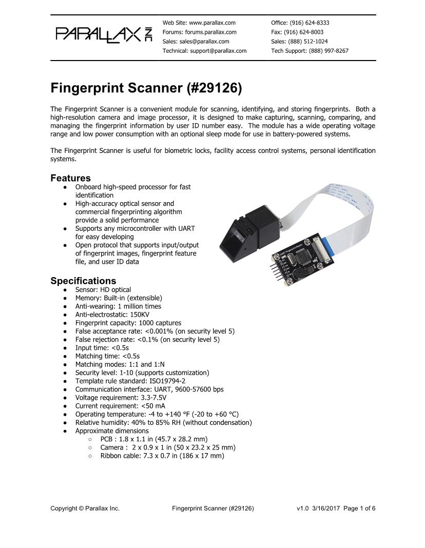 Fingerprint Sensor Modules Datasheets Mouser