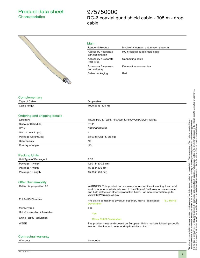 Schneider Electric Coaxial Cables Datasheets Mouser