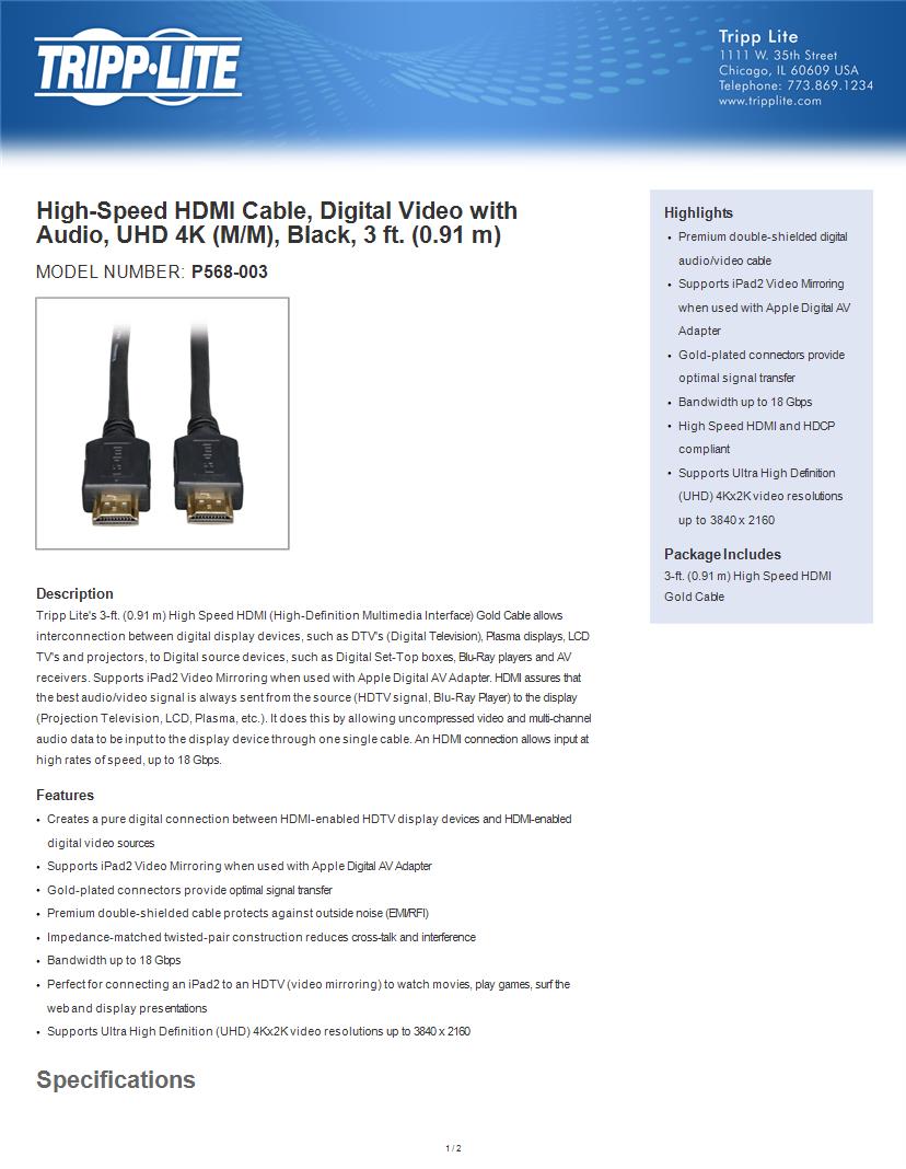 HDMI Cables Datasheets Mouser
