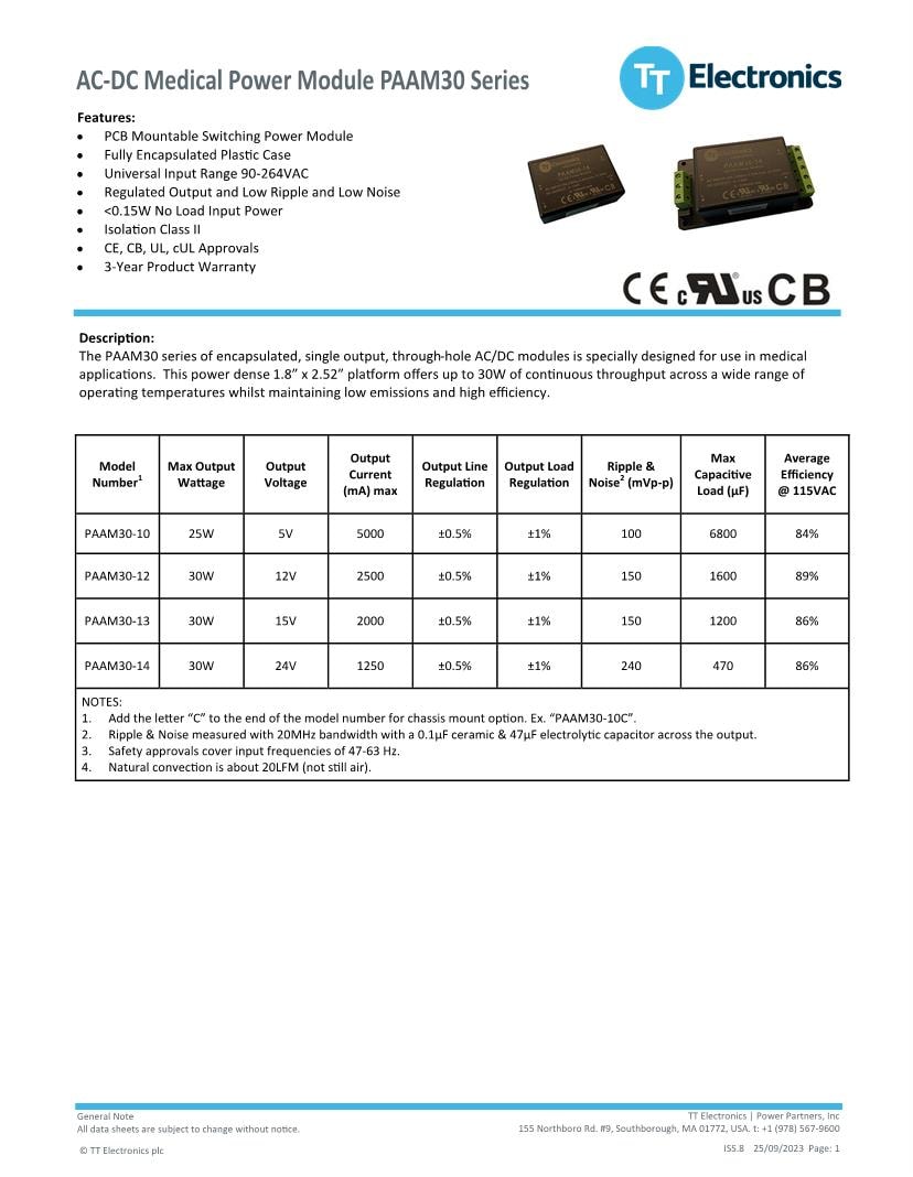 Power Partners / TT Electronics Power Supplies Datasheets Mouser