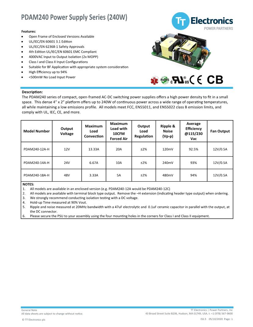 Power Partners / TT Electronics Power Supplies Datasheets Mouser