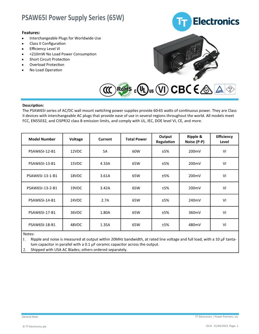 Power Partners / TT Electronics Power Supplies Datasheets Mouser