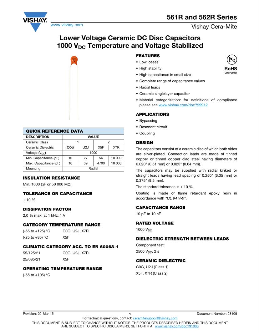 Ceramic Disc Capacitors Datasheets Mouser