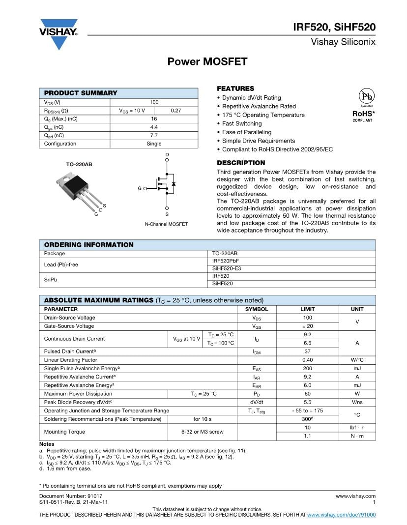 IRF520 MOSFET Datasheets Mouser