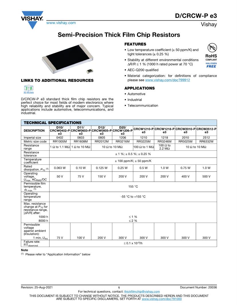 Vishay / Dale Resistors Datasheets Mouser