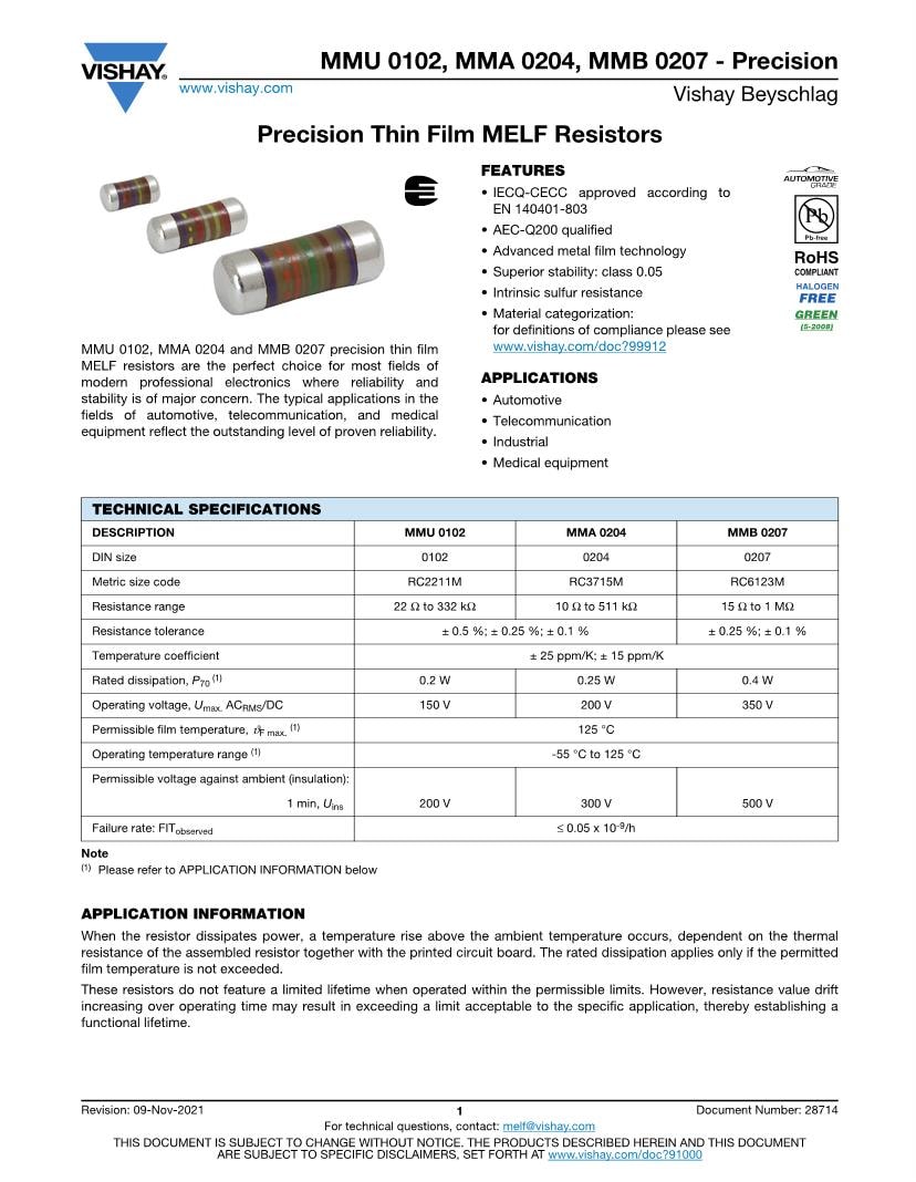 MELF Resistors Datasheets Mouser