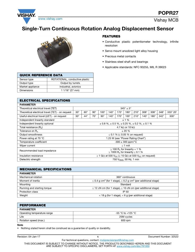 Vishay Linear Displacement Sensors Datasheets – Mouser