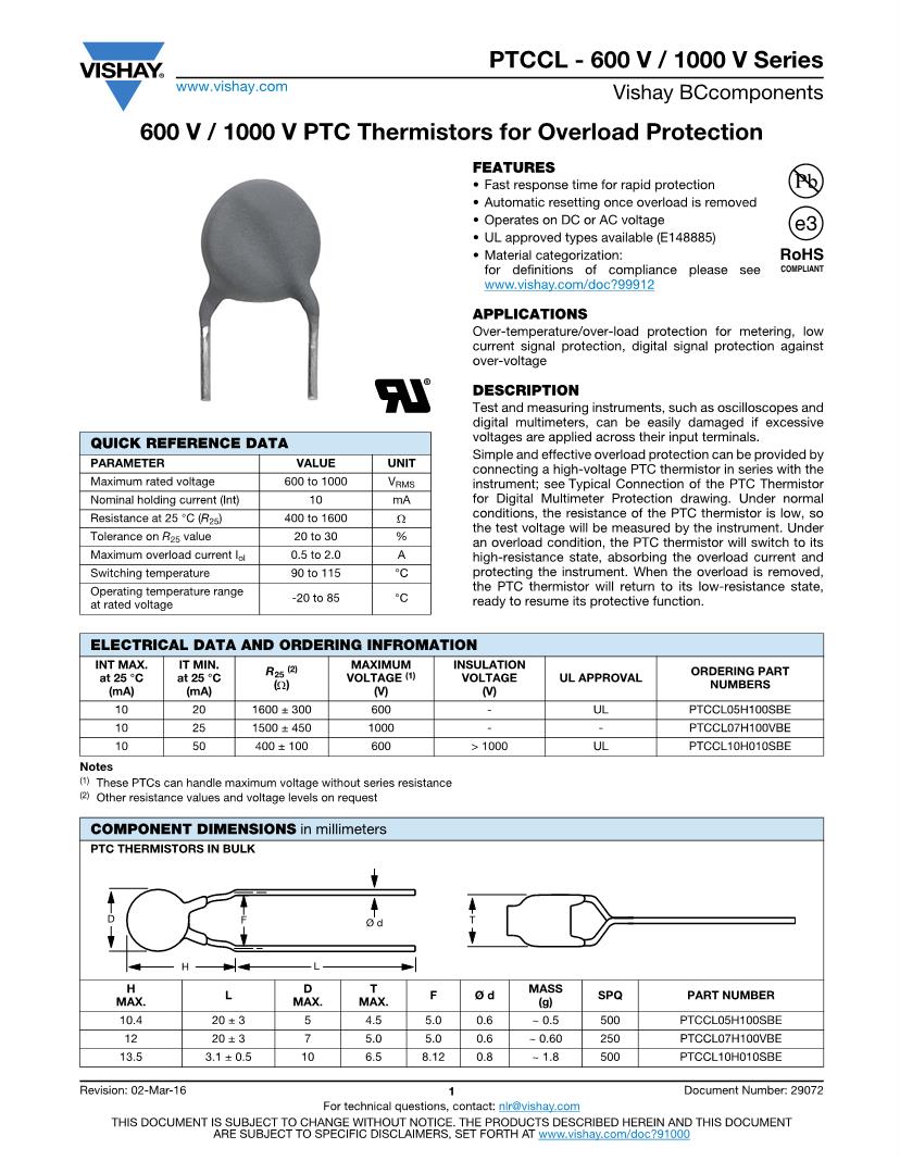 Thermistors PTC Datasheets Mouser