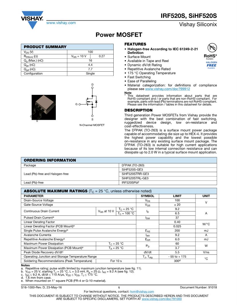 IRF520 MOSFET Datasheets Mouser