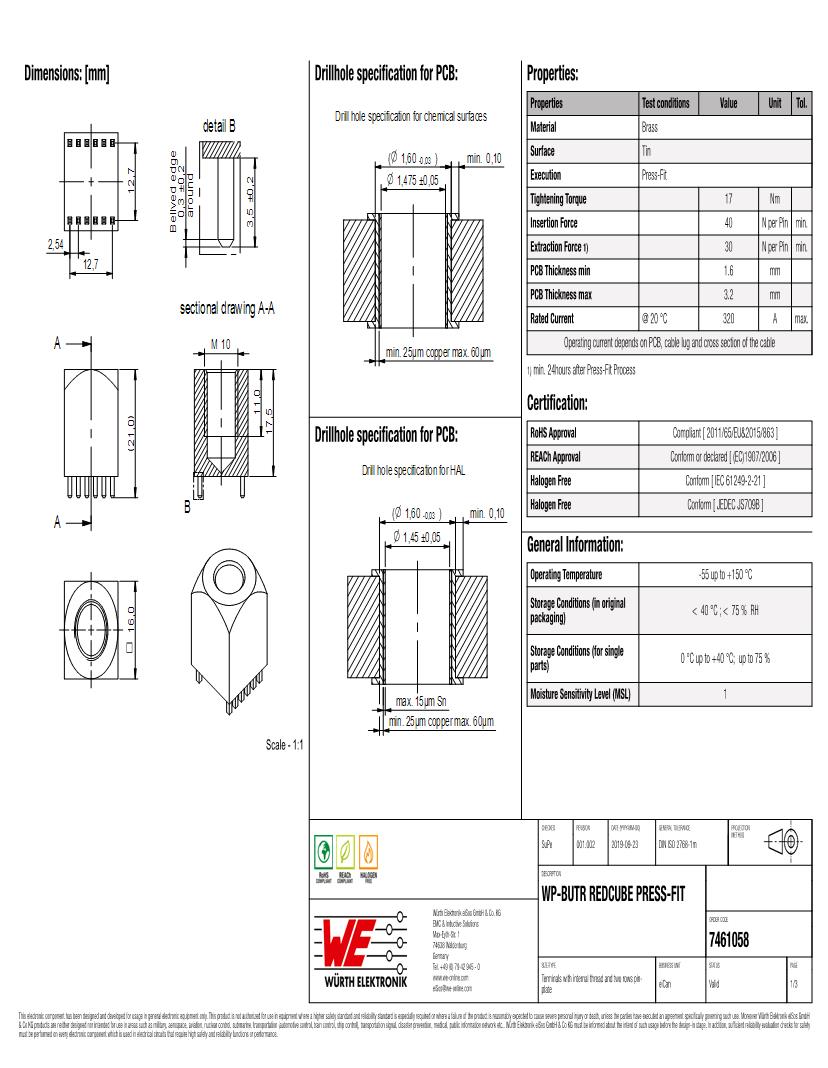 WP-BUTR REDCUBE PRESS-FIT with internal thread, two-rows, Electromechanical Components