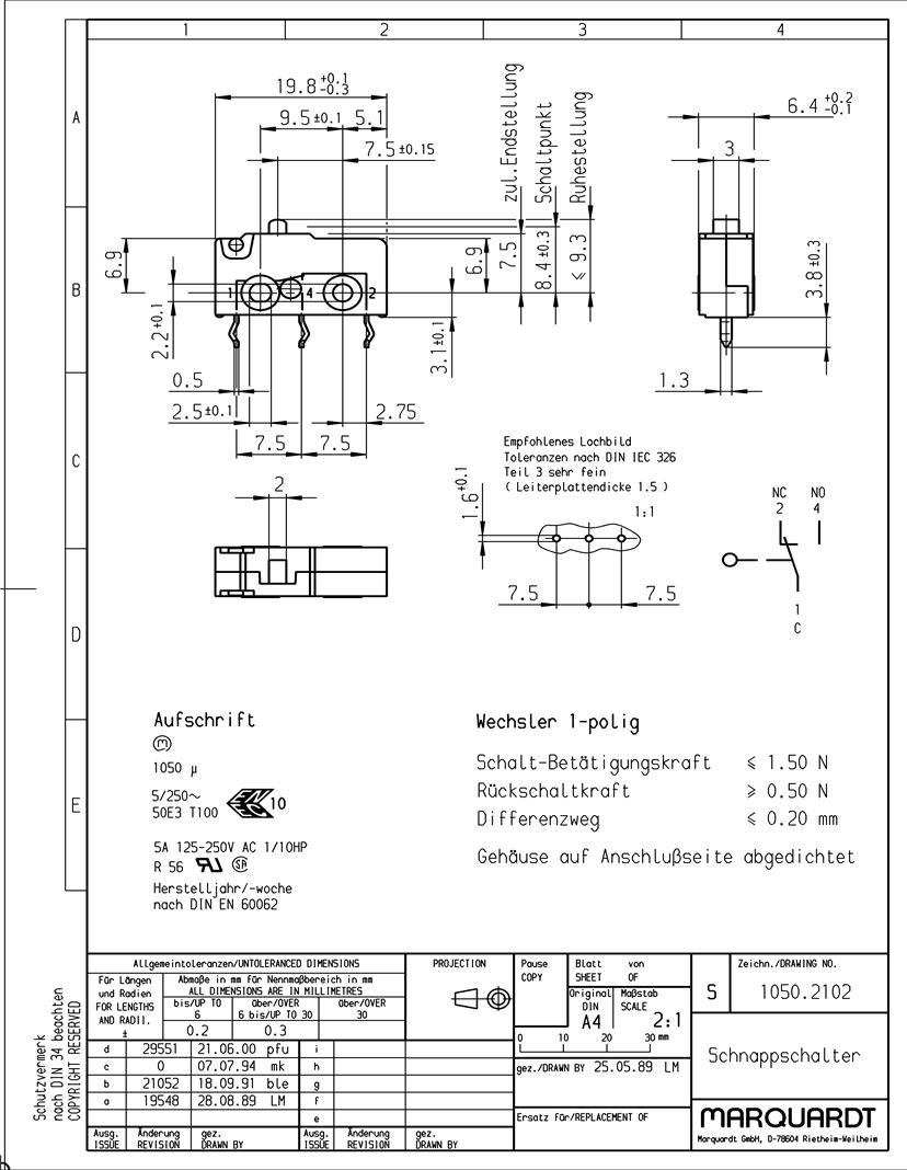 Marquardt 1050 Series Basic Snap Action Switches Datasheets Mouser