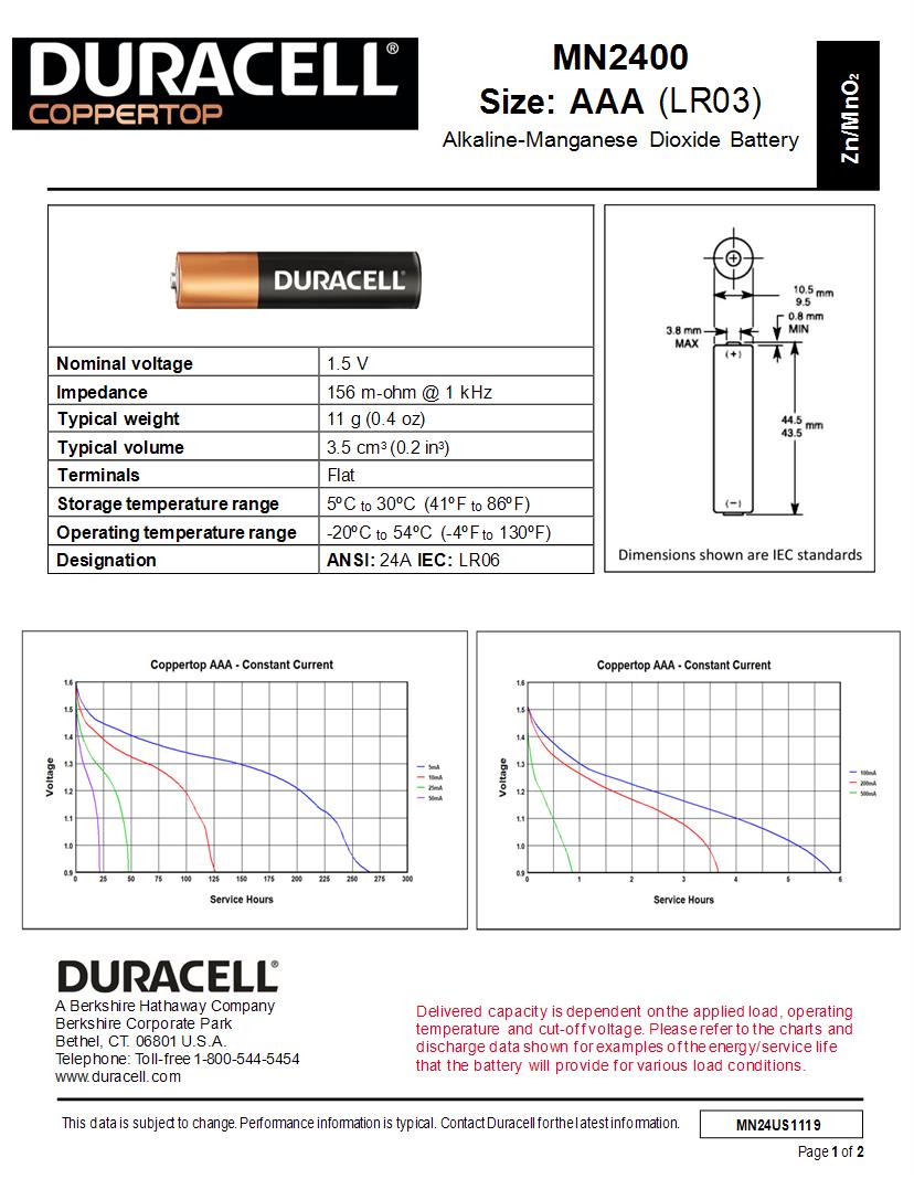 Duracell Batteries Datasheets Mouser