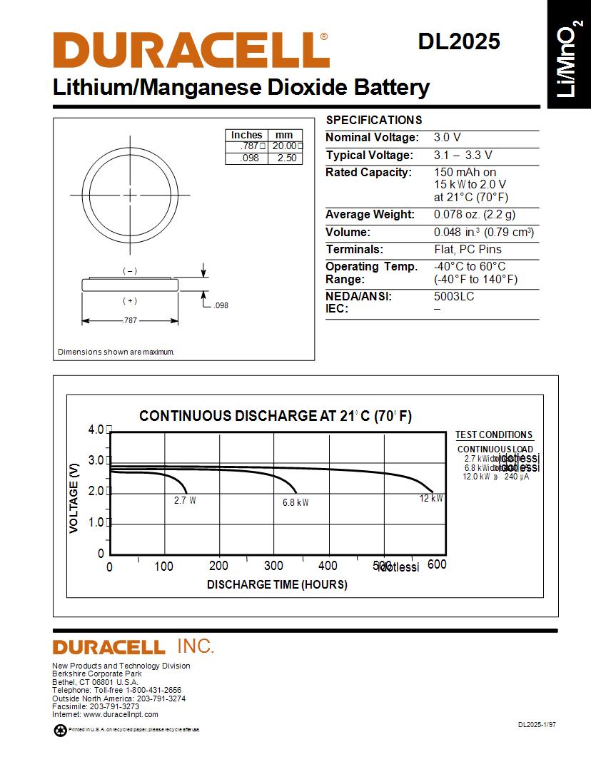 Duracell Batteries Datasheets Mouser