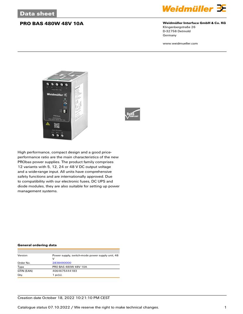 Datasheet for Manufacturer: Weidmuller