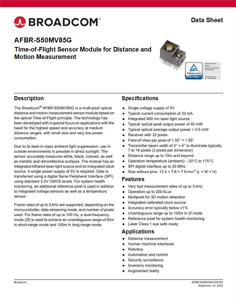 3D Time of Flight (ToF) Distance Sensors Datasheets – Mouser