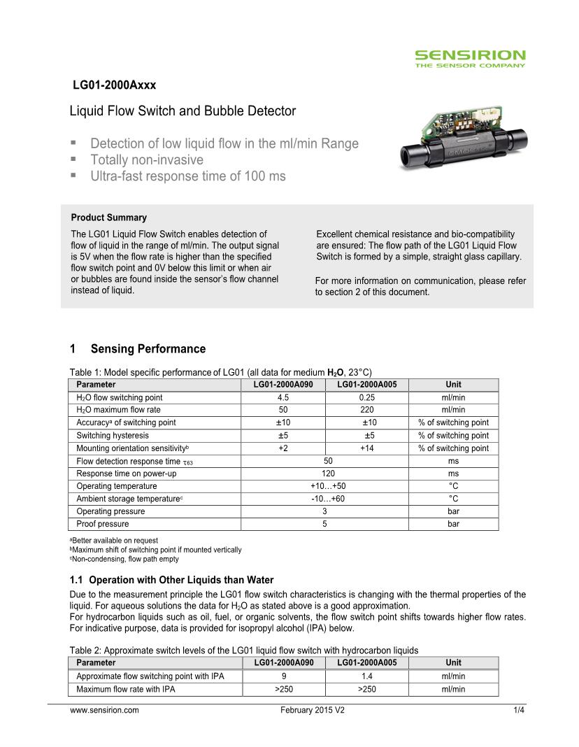 Liquid Flow Switch and Bubble Detector Flow Sensors Datasheets Mouser