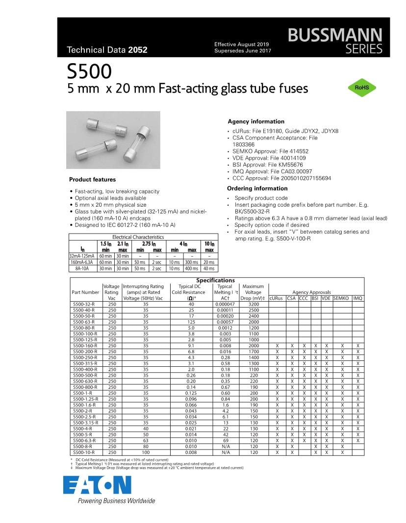 32 mA 5 mm x 20 mm Fuses Datasheets Mouser