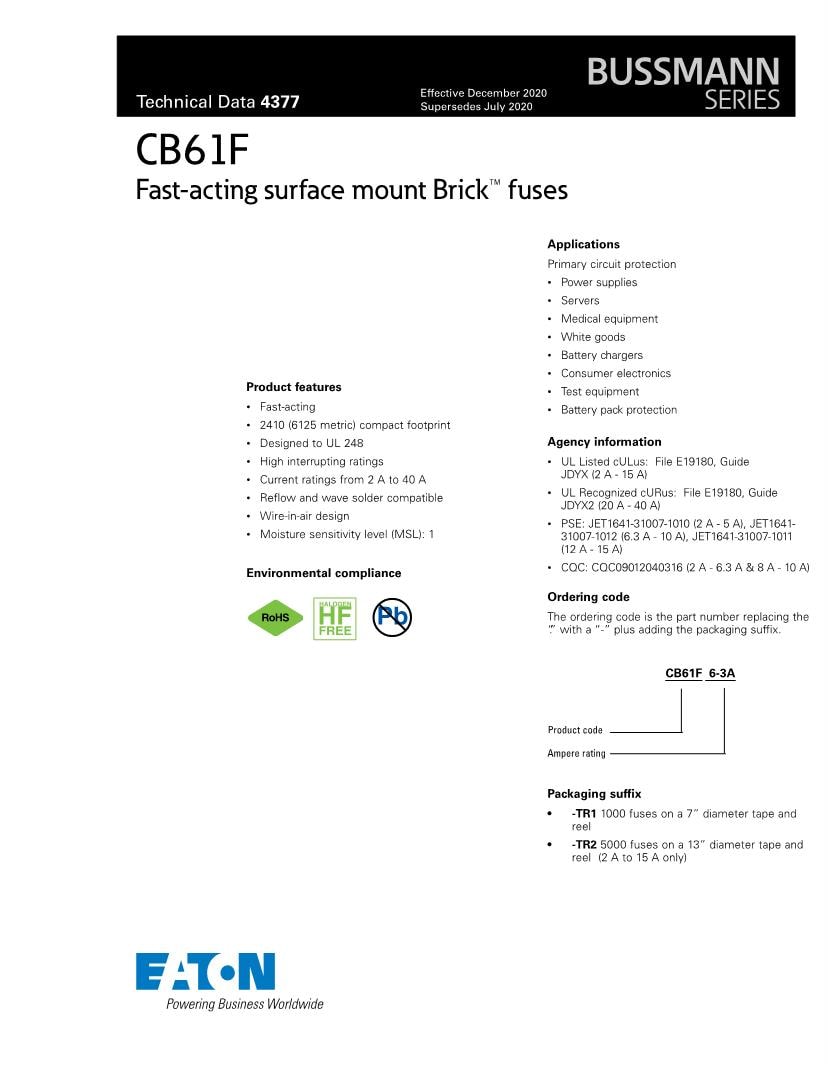 Bussmann / Eaton Fuses Datasheets Mouser
