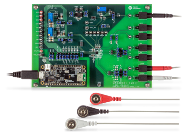 a) MAX3000x development kit for control of (b) MAX30001 IC and