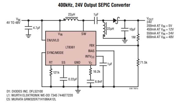 应用电路图 - Linear Technology / Analog Devices LT8361升压/ SEPIC /反相转换器 应用电路图 - Linear Technology / Analog Devices LT8361升压/ SEPIC /反相转换器