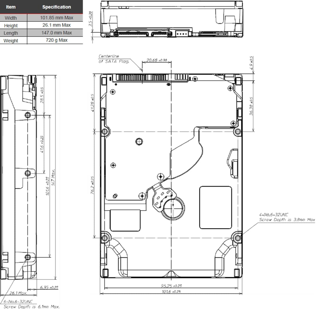 Mechanical Drawing - Toshiba MG07ACA Enterprise Capacity SATA HDDs