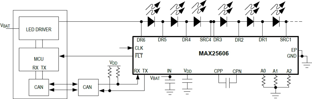 Application Circuit Diagram - Analog Devices / Maxim Integrated MAX25606 6-Switch Matrix Manager for LED Lighting Application Circuit Diagram - Analog Devices / Maxim Integrated MAX25606 6-Switch Matrix Manager for LED Lighting